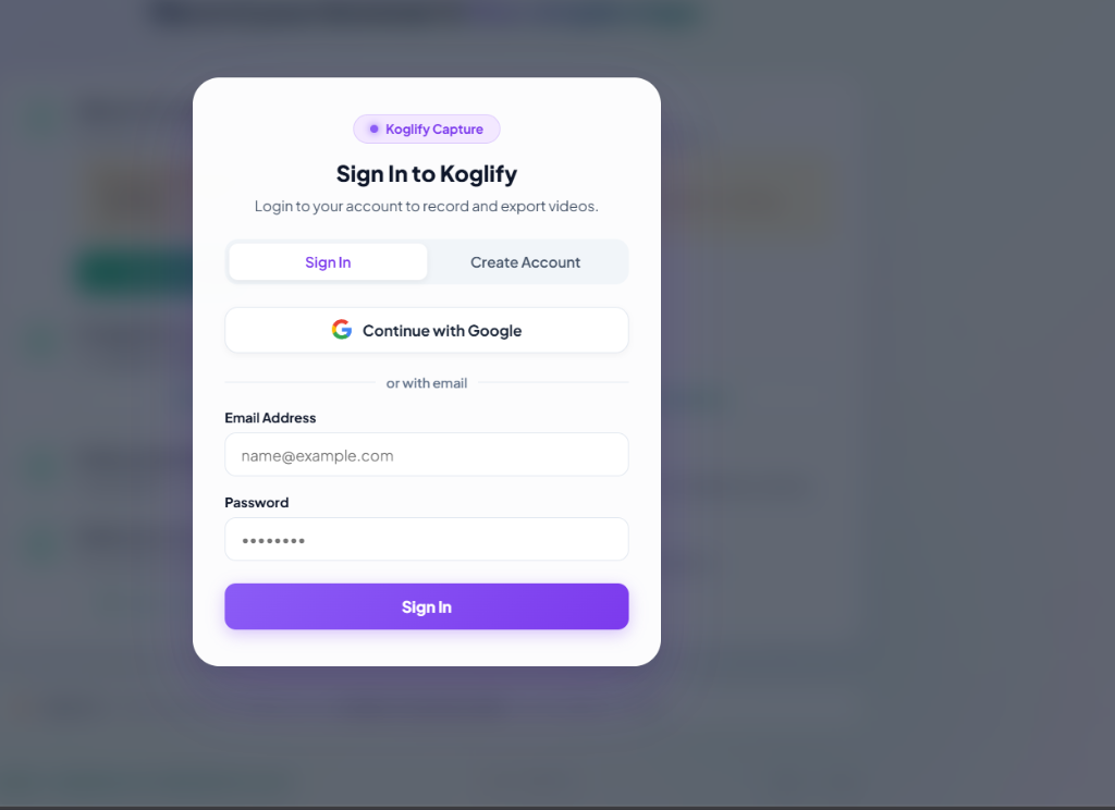 Koglify Captures Interface